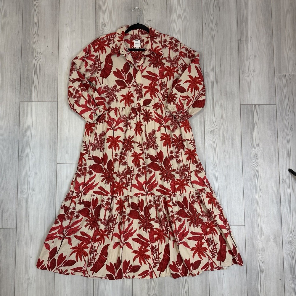 Anthropologie Maeve Bettina Dress Women Large Red Cream Tiered Shirt Dress Boho - Picture 2 of 14